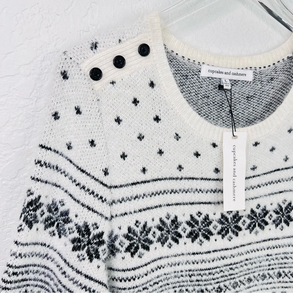 NWT Cupcakes and Cashmere Black & Ivory Fair Isle Snowflake Sweater Dress Large